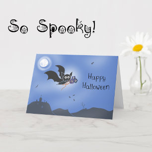 Happy Halloween Card Cute Bat with Spooky Flowers 