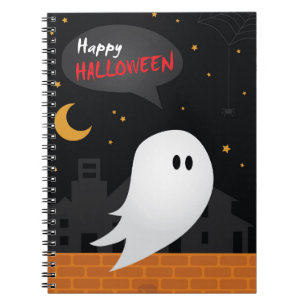 Happy halloween cartoon ghost in town night walk notebook