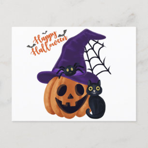 Happy Halloween Carved Pumpkin with Black Cat and  Postcard