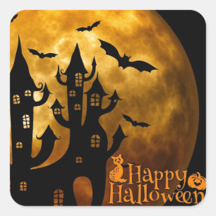 Happy Halloween Castle and Full Moon Square Sticker