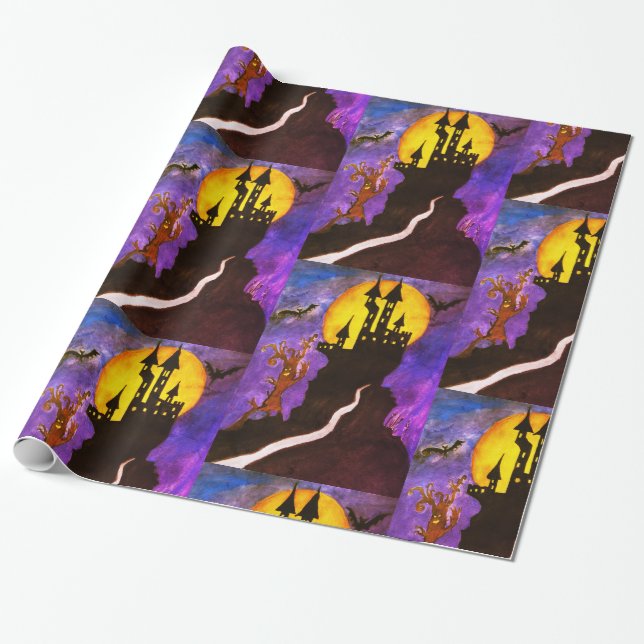 Happy Halloween Castle Wrapping Paper (Unrolled)