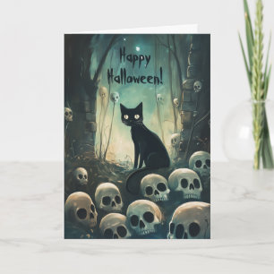 Happy Halloween Cat among Skulls Thank You Card