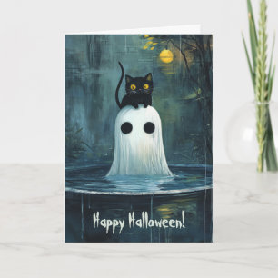 Happy Halloween Cat and Ghost in a Pool Thank You Card