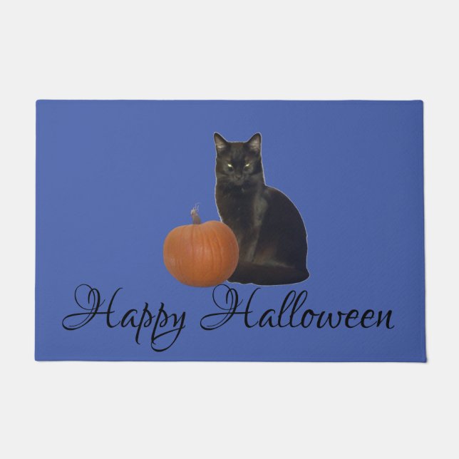 Happy Halloween Cat and Pumpkin on Blue Door Mat (Front)