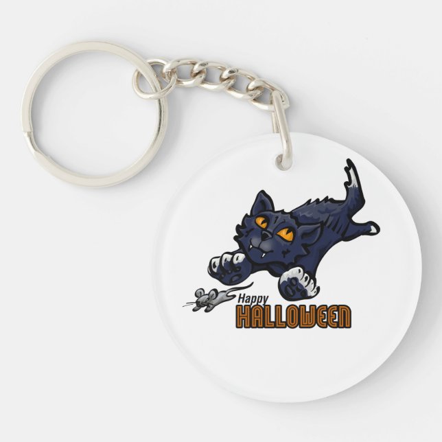 Happy Halloween Cat Chasing Mouse Key Ring (Front)