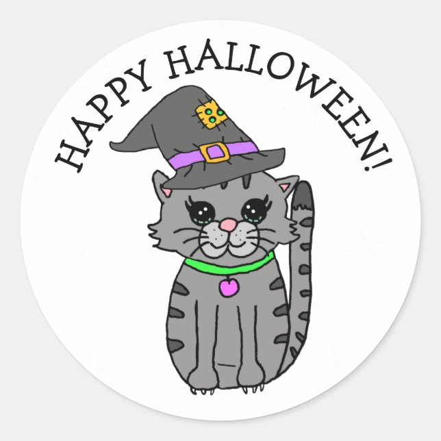 Happy Halloween Cat  in Witch's Hat Classic Round Sticker (Front)