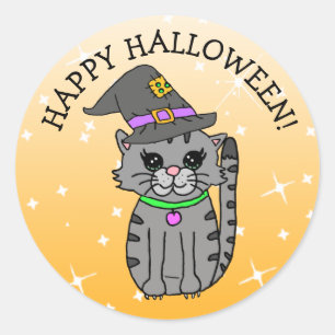 Happy Halloween Cat  in Witch's Hat Classic Round Sticker