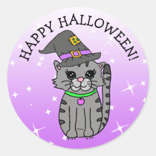 Happy Halloween Cat  in Witch's Hat Classic Round Sticker