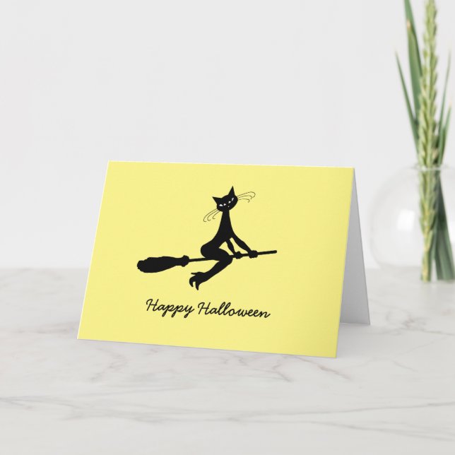 Happy Halloween, Cat On Broomstick Card (Front)