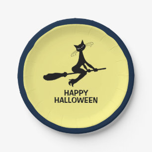 Happy Halloween, Cat On Broomstick Paper Plate