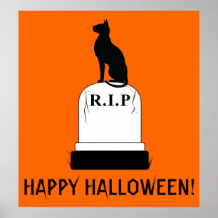 Happy Halloween Cat on Tombstone R.I.P. Poster
