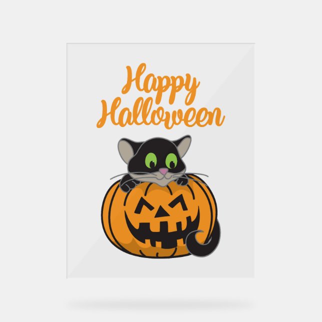 Happy Halloween Cat Pumpkin Acrylic Sign (Front)