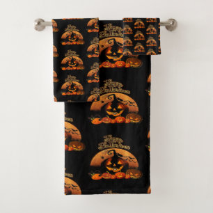 Happy Halloween Cat Pumpkin Bath Towel Set