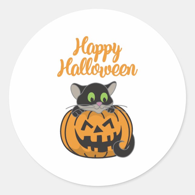Happy Halloween Cat Pumpkin Classic Round Sticker (Front)