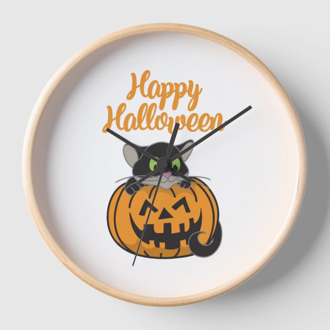 Happy Halloween Cat Pumpkin Clock (Front)