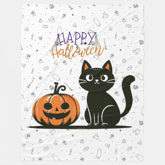 Happy Halloween cat & pumpkin Fleece Blanket (Front)