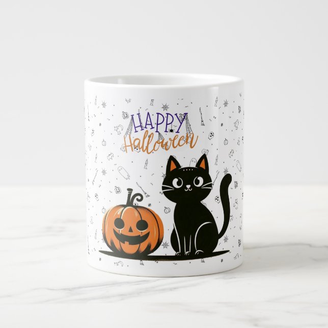 Happy Halloween cat & pumpkin Large Coffee Mug (Front)