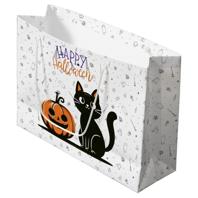 Happy Halloween cat & pumpkin Large Gift Bag (Front Angled)
