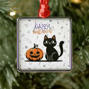 Happy Halloween cat & pumpkin Metal Ornament