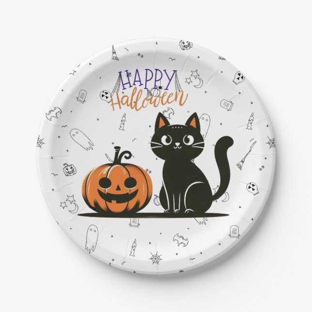 Happy Halloween cat & pumpkin Paper Plate (Front)