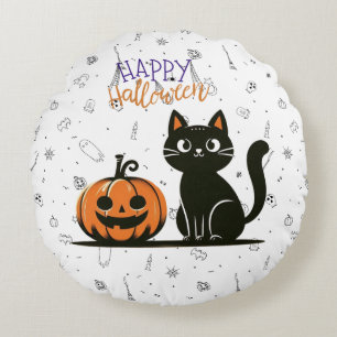 Happy Halloween cat & pumpkin Round Cushion