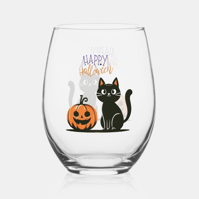 Happy Halloween cat & pumpkin Stemless Wine Glass (Front)