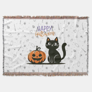 Happy Halloween cat & pumpkin Throw Blanket