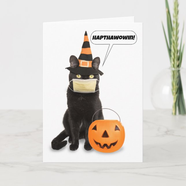 Happy Halloween Cat Talking Through Face Mask Holiday Card (Front)