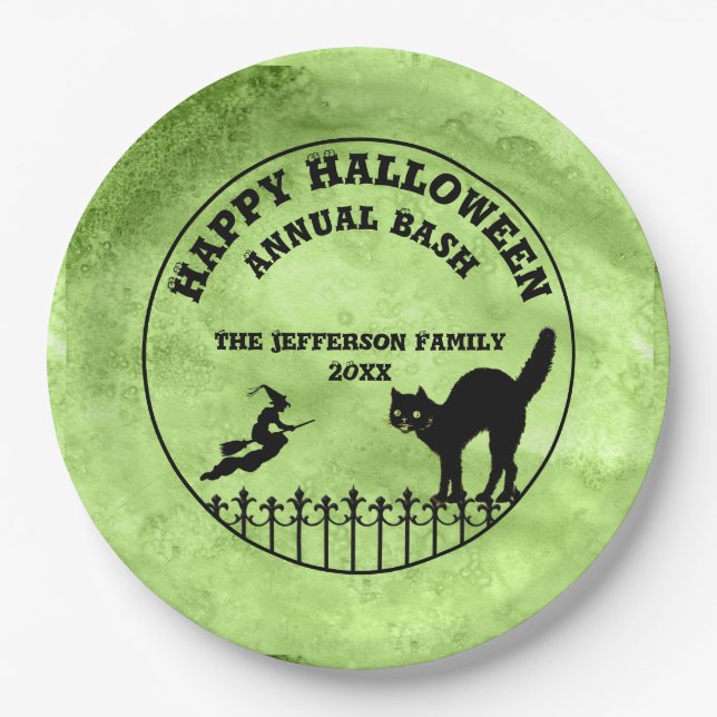 Happy Halloween Cat Witch Silhouette Green Grunge Paper Plate (Front)