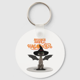 Happy Halloween. Cat with wings and witch's hat Key Ring