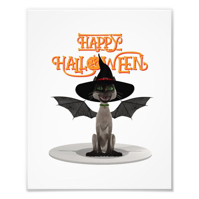 Happy Halloween. Cat with wings and witch's hat Photo Print (Front)