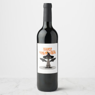 Happy Halloween. Cat with wings and witch's hat Wine Label