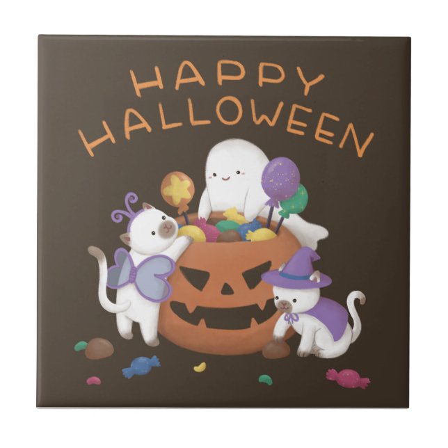 Happy Halloween: Cats & Ghost Ceramic Tile (Front)