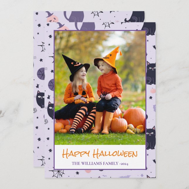 Happy Halloween cats purple Photo Holiday Card (Front/Back)