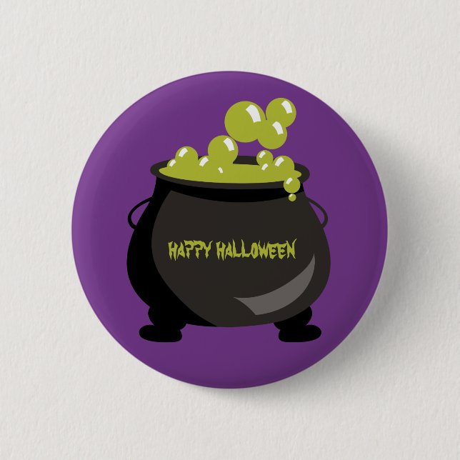 Happy Halloween Cauldron Green Potion Purple 6 Cm Round Badge (Front)