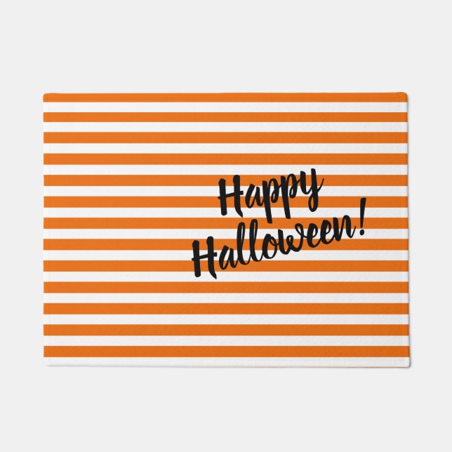 Happy Halloween Chic Cute Orange & White Stripes Doormat (Front)