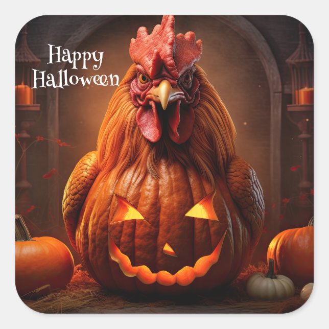 Happy Halloween Chicken Rooster Pumpkin Farm Paper Square Sticker (Front)
