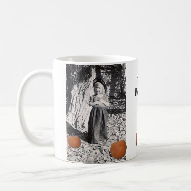 Happy Halloween Child in Costume Photo Cat Pumpkin Coffee Mug (Left)