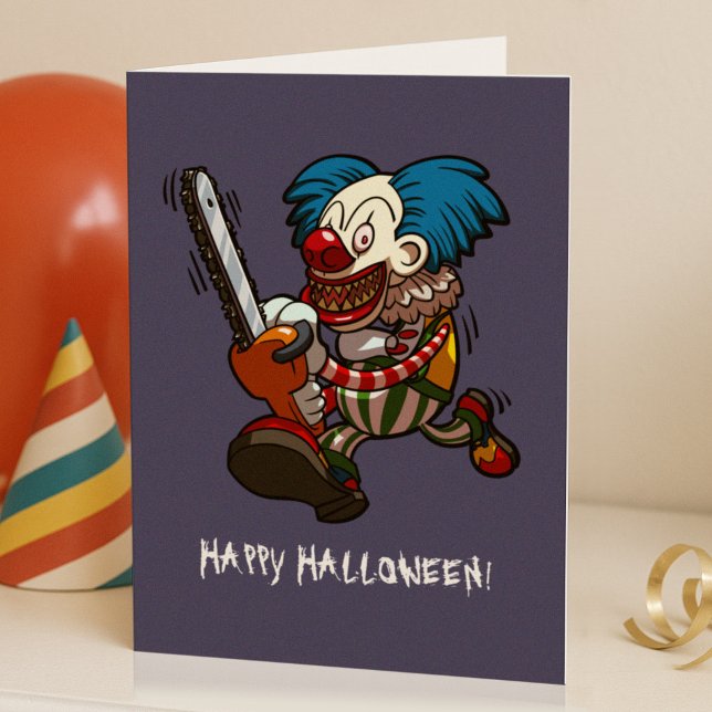 Happy Halloween Colorful Chainsaw Clown Cartoon Card (Creator Uploaded)