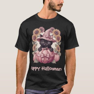 Happy Halloween Coquette Black Cat & Pink Pumpkin T-Shirt