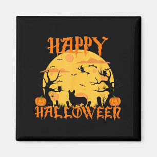 Happy Halloween Corgi Dog Black Cat Full Moon Magnet