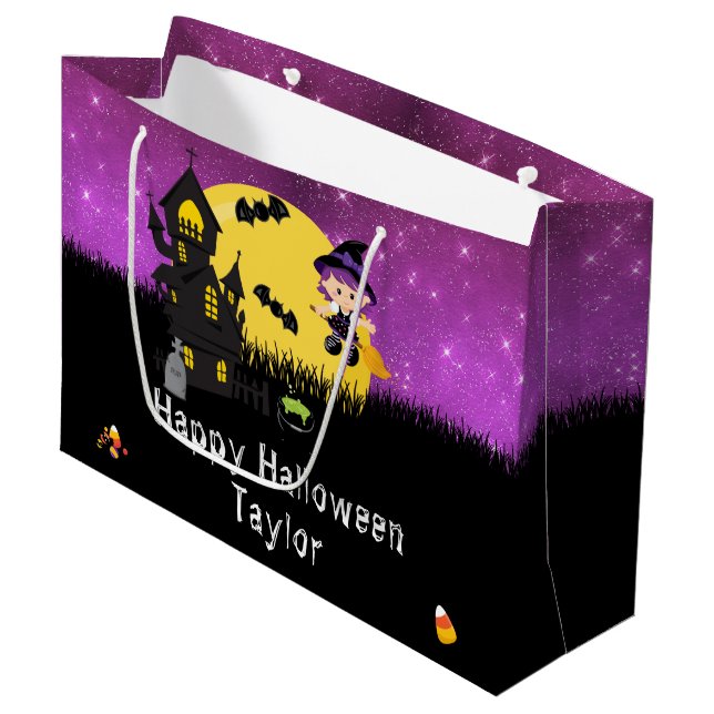 Happy Halloween Costume Party Witch Purple Large Gift Bag (Front Angled)