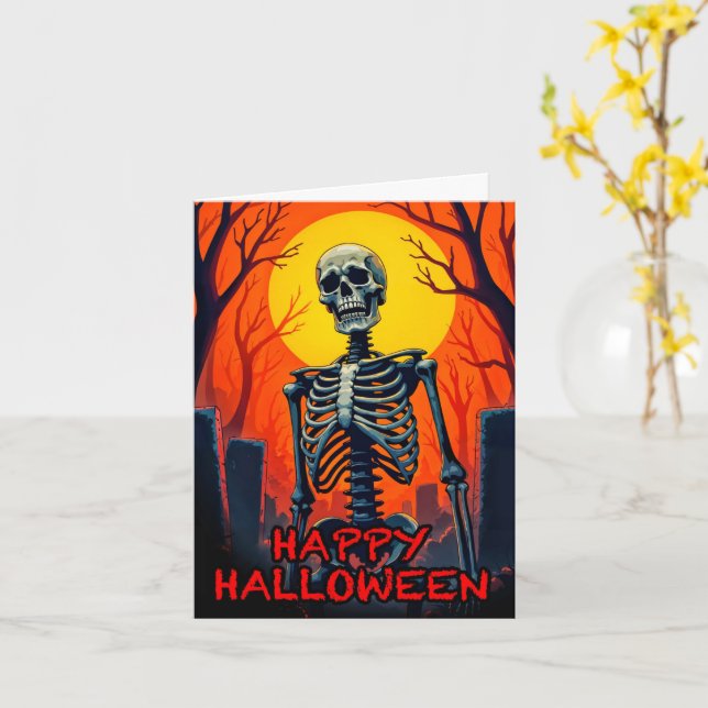 Happy Halloween Creepy Cemetery Skeleton Card (Yellow Flower)