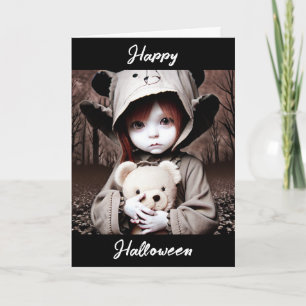 Happy Halloween Creepy Child with Teddy Bear Card
