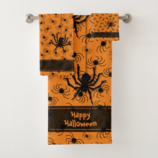 Happy Halloween Creepy Crawly Spiders Orange BG Bath Towel Set (Insitu)