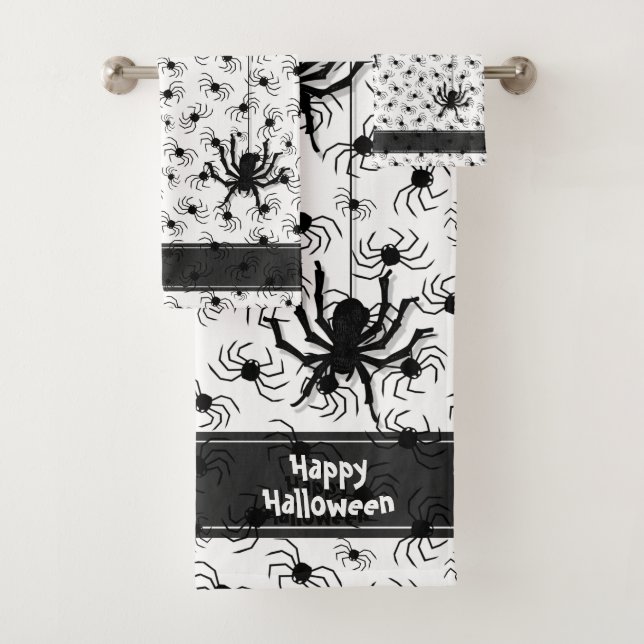Happy Halloween Creepy Crawly Spiders White BG Bath Towel Set (Insitu)