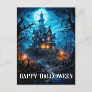 Happy Halloween   Creepy Old Haunted Mansion Postcard