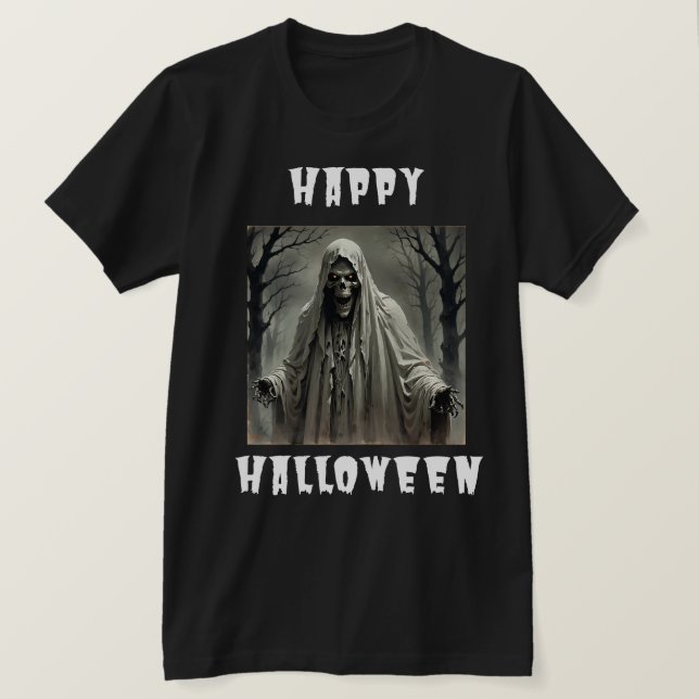 Happy Halloween Creepy Skeleton Man T-Shirt (Design Front)
