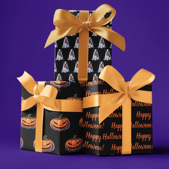 Happy Halloween custom message ghost and pumpkins Wrapping Paper Sheet (Happy Halloween custom message ghost and pumpkins Wrapping Paper Sheets)