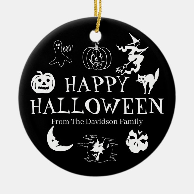 Happy Halloween custom name black and white decor Ceramic Ornament (Front)